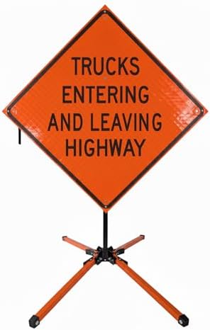 Traffic Roll-Up Sign Kit with Stand – Collapsible Safety Sign & Heavy-Duty Portable Stand, High Visibility, Easy Setup (Trucks Entering And Leaving Highway, Reflective) by EASTERNMETALSIGNSANDSAFETY