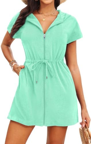 Womens Terry Cloth Cover Up Hooded Swim Cover with Zipper and Pocket by Yonique