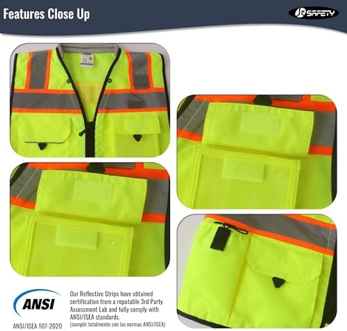 JKSafety Hi-Vis Unisex Surveyor Safety Vest Heavy Duty PPE Inner Pockets ANSI/ISEA Compliant - Image 2