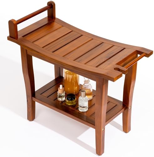 Axeman Premium Teak Shower Bench with Shelf – 24" 2-Tier Waterproof Shower Stool for Bathroom, Elderly & Shaving | Heavy-Duty 350lbs Capacity, Indoor & Outdoor Use by Axeman