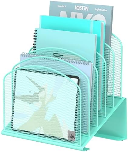Delifox Inclined Desk File Organizer,Vertical File Folder Holder Stand Metal Rack File Sorter for Office Classroom Desktop Organization (1, Aqua, 5) by Delifox