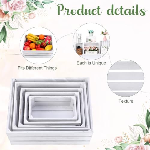 Soaoo 5 Pcs Decorative Nesting Wooden Crates with Handle, Vintage White - Image 4