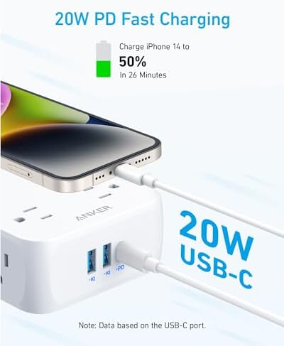 Anker Surge Protector Flat Plug Power Strip 2000J, 5ft Thin Extension Cord, 8 Outlets,2 USB A and 1 USB C Port,20W for iPhone15,Wall Mount,Compact for Home,Office,Room,TUV Listed (Pack of 2) - Image 3