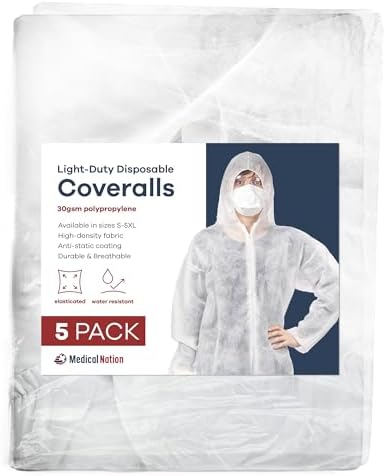 Medical Nation Hazmat Suits Disposable | 5 Pack | Light Duty Disposable Coveralls Men | with Attached Hood and Boots - Overall Protective Chemical Suit for Men & Women, Disposable Paint Suit - 3XL - Image 2
