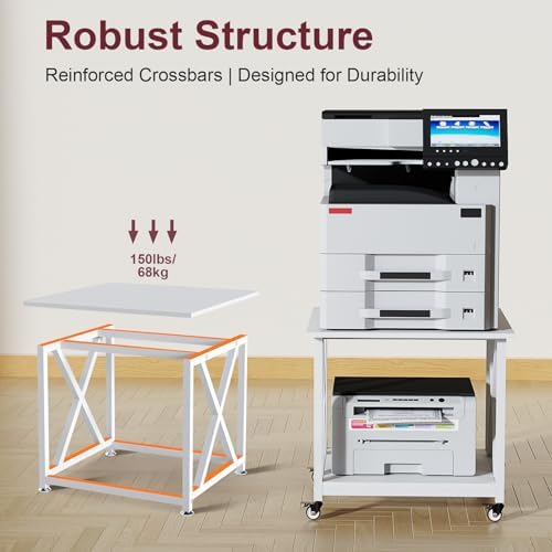2 Tier White Printer Stand, 23.6 x 23.6 Inches Large Printer Table with Storage Shelf, Rolling Printer Cart with Wheels, Mobile Table for Home Office (White) - Image 4