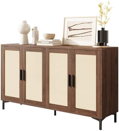 JASIWAY 48" Rattan Buffet Cabinet with Storage, Walnut Coffee Bar Cabinet by JASIWAY