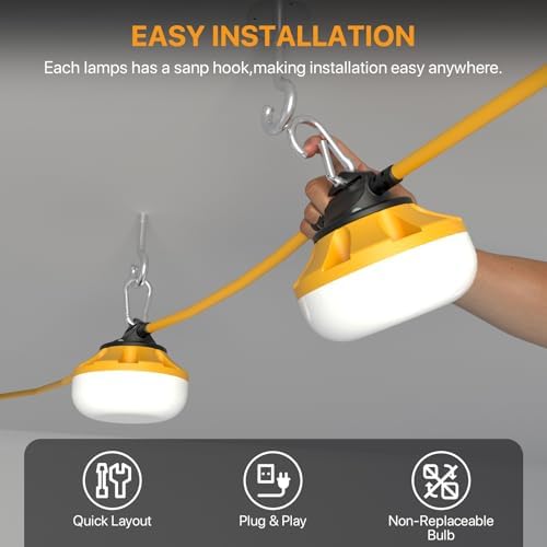 LED Construction String Lights: 50FT IP65 Waterproof ETL Certified Crawl Space Lights - 5000lm 18AWG Wire Linkable Temporary Construction Lighting for attic Lights with 5 Bulbs & Hooks - Image 3
