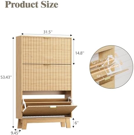 HUANLEGO Shoe Cabinet Storage for Entryway with 3 Flip Drawers, Fluted Narrow Shoe Organizer with Wooden Legs, Freestanding Slim Shoe Storage Hidden Shoe Rack Organizer for Front Door Entrance, Oak - Image 2