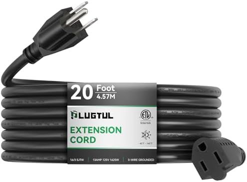 PLUGTUL Extension Cord 20 FT | 16/3 Outdoor Extension Cord Waterproof, Heavy Duty 3 Prong Extension Cord Black, 13A 1625W SJTW, ETL Listed, Great for Garden and Home by PLUGTUL
