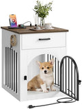 CHOEZON Dog Crate Furniture, Wooden Dog Kennel with Charging Station and Storage Drawer, Indoor Pet Crate End Table for Small Breeds, Dog Cage for Living Room, Bedroom, White and Walnut MGW01UWL by Choezon