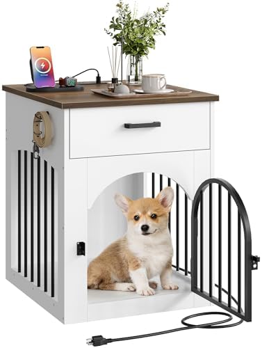 CHOEZON Dog Crate Furniture, Wooden Dog Kennel with Charging Station and Storage Drawer, Indoor Pet Crate End Table for Small Breeds, Dog Cage for Living Room, Bedroom, White and Walnut MGW01UWL by Choezon