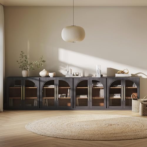 BELLEZE Set of 4 Modular Sideboard with Arched Glass Door, 130'' Accent Buffet Cabinet with Storage and Adjustable Shelves,Classic Modern Credenza for Living Room Kitchen Entryway (Ebony) by BELLEZE