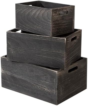 Set of 3 Rustic Black Wooden Nesting Crates, 15.4x11x7 Inch Large Farmhouse Wood Storage Crates with Cutout Handles, Stackable Decorative Wood Storage Bins for Home Decor Wedding Display by Unknown