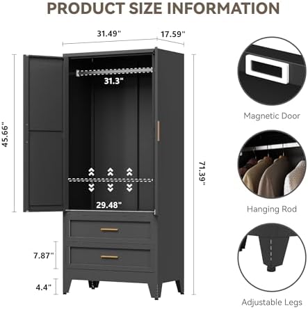 Baborokic Metal Wardrobe Cabinet with Hanging Rod,71" Armoire Wardrobe Closet with Adjustable Shelves,Farmhouse Steel Clothing Storage Cabinets for Bedroom,Office,Laundry Room Black - Image 2