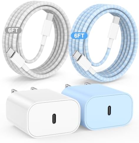 20W USB C Fast Charging for iPhone 17 Air/16/15 Pro Max,2Pack Colorful Mixed Charger Block with Braided Long USB C to C Cables (6/6ft) Compatible with iPhone16/15 Pro/15 Plus/iPad Pro by Hzevn