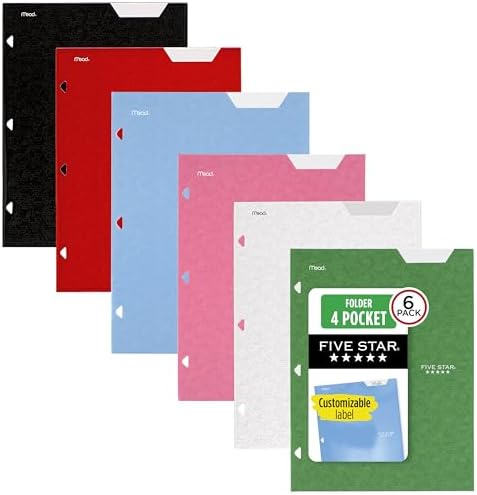 Five Star 4-Pocket Folder,Paper Folder,Fits 3-Ring Binders,Holds 8-1/2" x 11" Paper,Assorted Colors (38058),6 Count (Pack of 8) by FiveStar