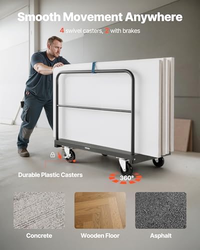 VEVOR Drywall Cart Dolly, 1800 lbs Load Capacity, 2-in-1 Steel Panel Truck Cart with 5 inch Swivel Casters, 36 x 24 inch Platform Truck with 3 Side Handrails for Factory, Warehouse, Garage, Black - Image 4