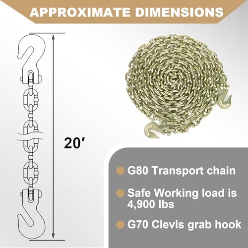AAIN 4900LBS Transport Binder Chain 5/16"x20' G80 Tow Chain with Grab Hooks - Image 4