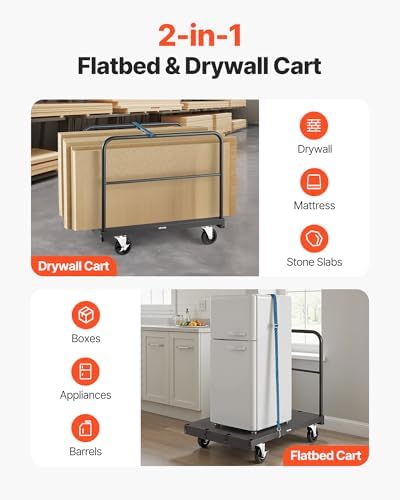 VEVOR Drywall Cart Dolly, 1800 lbs Load Capacity, 2-in-1 Steel Panel Truck Cart with 5 inch Swivel Casters, 36 x 24 inch Platform Truck with 3 Side Handrails for Factory, Warehouse, Garage, Black - Image 3
