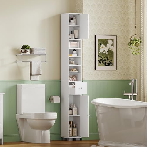 TEENFON Bathroom Cabinet, Narrow Bathroom Storage Cabinet with 5 Adjustable Shelves & Drawer, Freestanding Cupboard for Small Spaces, White - Image 6