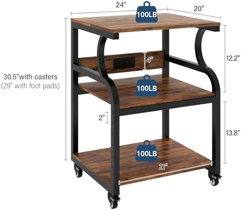 Natwind 3 Tier Large Printer Stand, 24"x20", with Charging Station,Retro - Image 2