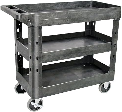 AQNIEGEP 3 Shelf Utility Cart Heavy Duty Rolling Cart with Brake Wheels Storage Service Cart w/Deep Shelves for Warehouse Workshop Cleaning Office Restaurant Commercial Moving 600lbs Capacity Black by AQNIEGEP