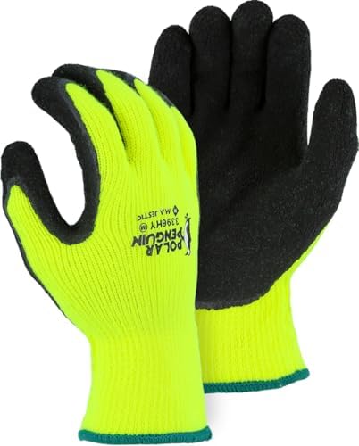 Majestic Polar Penguin Winter Lined Napped Terry Glove with Foam Latex Dipped Palm | 1 Dozen - MED | ANSI A2, Heavyweight Glove, Hiviz Yellow/Black | Automotive, Industrial, Manufacturing | 3396HY by Majestic