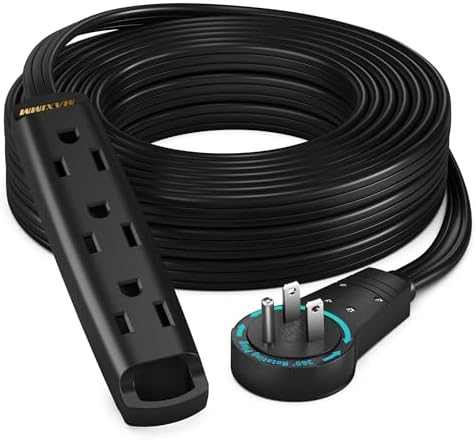 Maximm 25 Ft 360 Rotating Flat Plug Extension Cord, 3-Outlet, Black, UL by MaximmCable