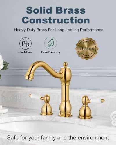 Aolemi Widespread Bathroom Sink Faucet 3 Hole White Lever Polish Gold - Image 5