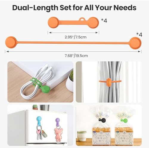Tounee Reusable Silicone Magnetic Cable Ties - 2 Sizes Combo (4pcs 2.56'' + 20pcs 7.16'') - Multi-Purpose for Cable Bundling, Organizing, Bookmarks & Fridge Magnets - Assorted Colors, Pack of 24 - Image 4