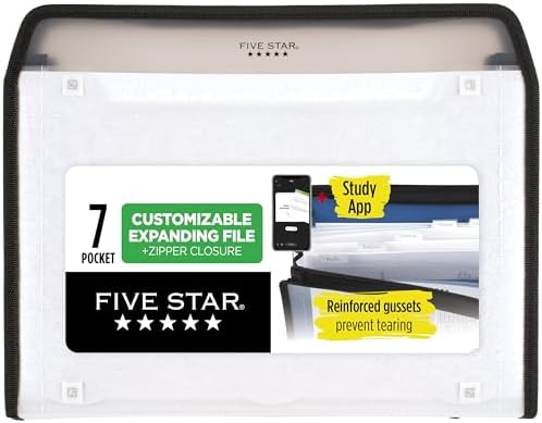 Five Star Expanding File Organizer + Study App, 7-Pocket Accordian File Organizer, Zipper Closure, Holds 8-1/2" x 11" Paper, White (350099E-ECM) by FiveStar
