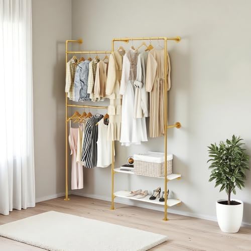 KaKaBB Gold Pipe Clothing Rack, Double Hanging Rods Clothes Rack with Shelves, Heavy Duty Wall Mounted Clothes Rack for Wardrobe, Bedroom, and Walk-in Closet System(Gold) - Image 5