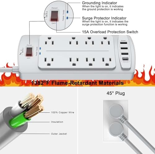 Surge Protector Power Strip - Nuetsa Flat Plug Extension Cord with 8 Outlets and 4 USB Ports, 6 Feet Power Cord, 2700 Joules, ETL Listed, Grey - Image 6