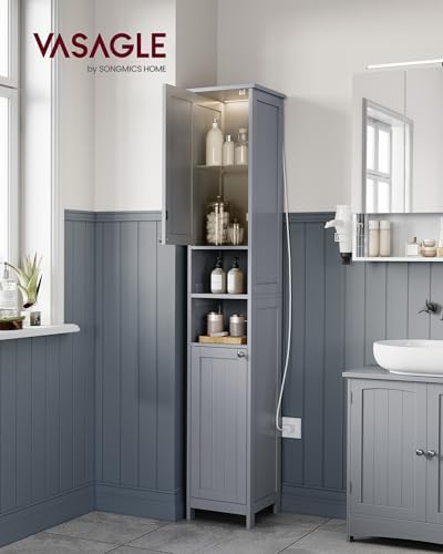 VASAGLE Tall Storage Cabinet with Lights, Slim, 11.8" W, Dove Gray - Image 2