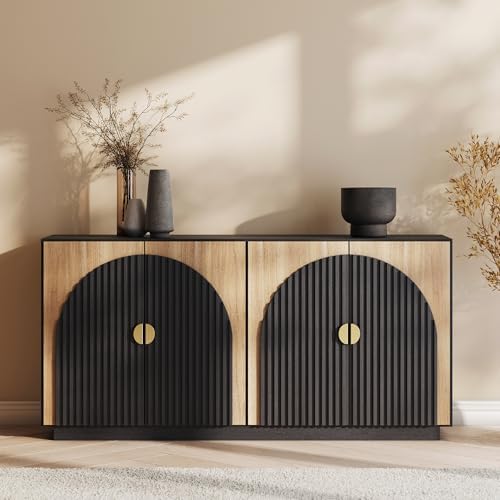 BELLEZE 65 Inch Fluted Buffet Cabinet with Storage, Symmetrical Arc Accent Sideboard Large Console Table for Dining Room, Kitchen, and Living Room (Camel) by BELLEZE