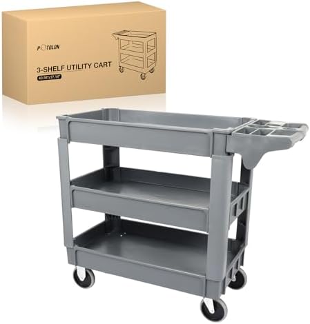 Heavy Duty 3-Shelf Plastic Utility Cart - 550 lbs Capacity Rolling Service Cart with 5" TPU Silent Wheels & Integrated Tool Handle - Grey by Unknown