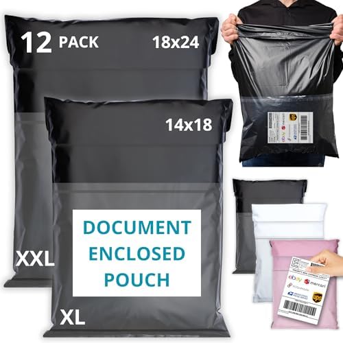 Shipping Bags (12 Pack) with Label Pouch - 14x18 & 18x24 - Poly Mailers for Clothes, Self-Seal Plastic Mailing Envelopes - Tear & Water-Resistant Packaging Bags for Clothing, Not Padded by Emballax