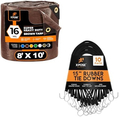 8' x 10' Heavy Duty Brown Poly Tarp with 10-Pack 15" (23” Max Stretch) Bungee Cords – Waterproof, UV Resistant, Rip Proof, Reinforced Edges, Grommets, and Durable Tie Down Straps – by Xpose Safety by XposeSafety