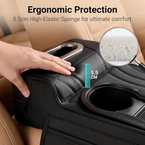 Multifunctional Car Armrest Cover, Premium PU Leather Memory Foam Center Console Cushion with Dual Cup Holders & Tissue Box, Center Console Organizer Storage Pouch for Sedans SUVs Trucks (Black) - Image 4