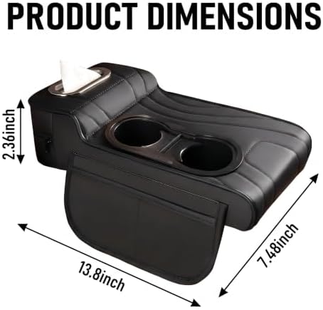 Car Armrest Cushion, Premium Center Console Organizer, Memory Foam Car Center Console Cover with Adjustable High & Low Cup Holders, Tissue Box & Storage Pockets, Fit for Most Cars (Black) - Image 2