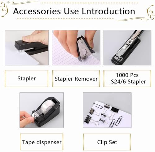 Office Supplies,Black Desk Accessories,Stapler and Tape Dispenser Set for Women with Stapler,Tape Dispenser,Staple Remover,Staples,Clips,Scissors and Tabs,Gift for Students,Coworkers,Teacher,Business - Image 2