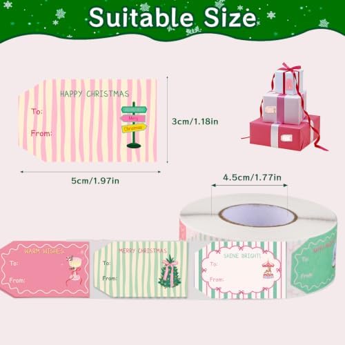 600 PCS Christmas Gift Tag Stickers 1.18" x 2" Pink Green Holiday Labels - Image 2