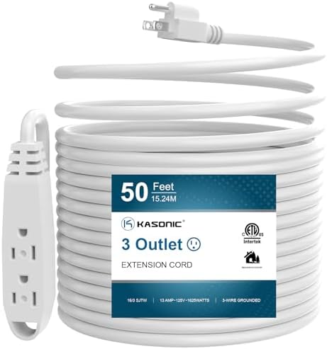 K KASONIC 50 FT 3 Outlet Extension Cord, 16/3 SJTW Grounded Cord, White by KASONIC