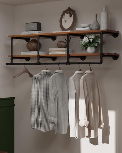 Wall Mounted Clothes Rack 12 Inch Deep, 60 Inch Heavy Duty Garment Rack with Real Brown Wood Shelf, Multi-Purpose Hanging Rod & Space-Saving Closet Storage Organizer by INDUSTRIALSHELVESDESIGN