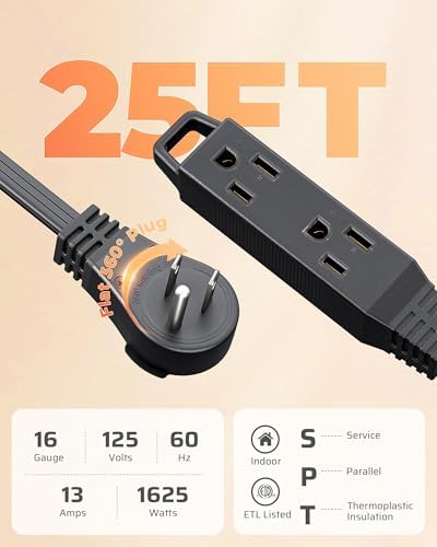 DEWENWILS 25FT Flat Plug Extension Cord, 360° Rotating Plug, 16/3 - Image 3
