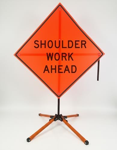 Traffic Roll-Up Sign Kit with Stand – Collapsible Safety Sign & Heavy-Duty Portable Stand, High Visibility, Easy Setup (Shoulder Work Ahead, Mesh) by EASTERNMETALSIGNSANDSAFETY