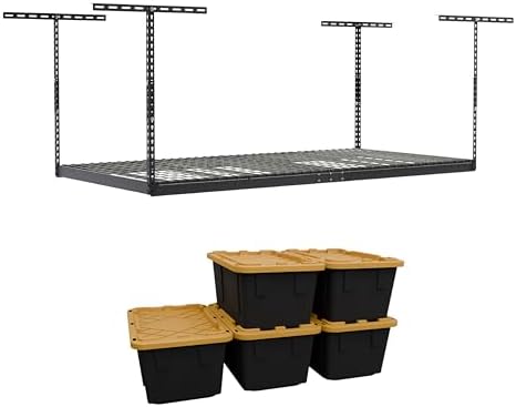 MonsterRAX 4x8 Rack and Bins Bundle | 4’ x 8’ Overhead Rack w/Storage Bins (Hammertone, 12"-21") by MonsterRAXStorageSolutions