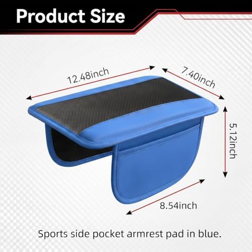 Car Center Console Organizer Cover, Carbon Fiber Texture Leather Armrest Cover with 2 Side Storage Pockets, Anti-Slip Elastic Console Pad, Car Interior Accessories for Most Cars (Blue) - Image 2