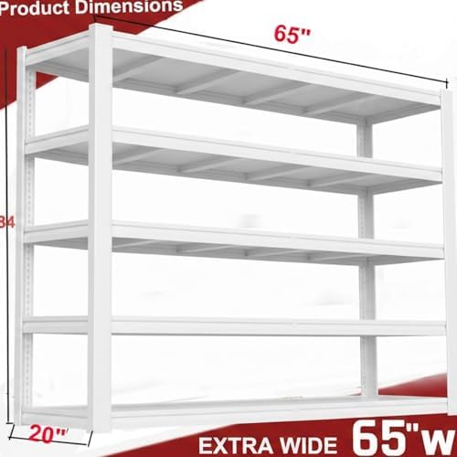 65" W Garage Shelving Unit, 65" W x 20" D x 84" H, Heavy Duty Garage Storage Shelves, 5 Tier Storage Rack Shelf, Industrial Adjustable Shelves for Basement Warehouse, White - Image 2