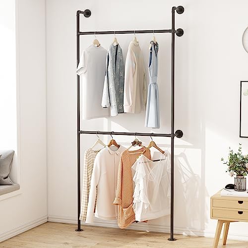 ORSENIGO Industrial Pipe Clothing Rack, Heavy Duty Metal Clothes Rack with Double Rods for Hanging Clothes, Wall Mount Space-Saving Garment Display Rack - Image 3